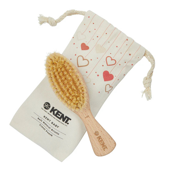 KENT Baby Soft Bristle Beechwood Brush with Canvas Travel Pouch