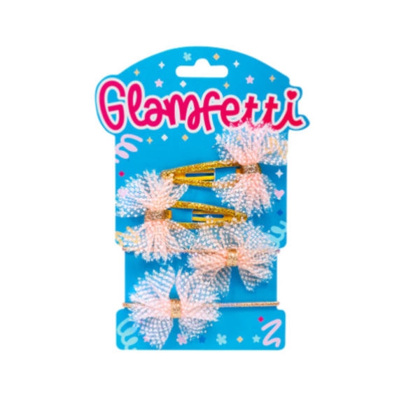 Glamfetti Hair Pink/Gold Bow Hair Clip and Hair Tie 4pc Set