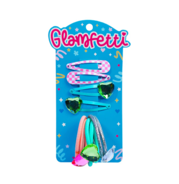 Glamfetti Hair Pink/Green Heart Hair Clips and Hair Tie 10pc Set