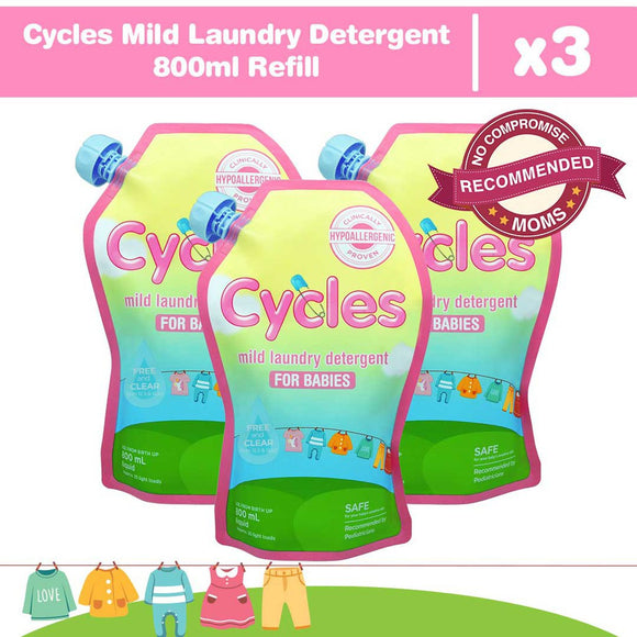 Cycles Mild Laundry Liquid Detergent 800ml Refill Set of 3